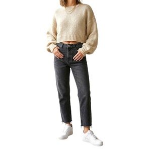 TopShop MOTO high rise raw hem grey black cropped jeans 30
